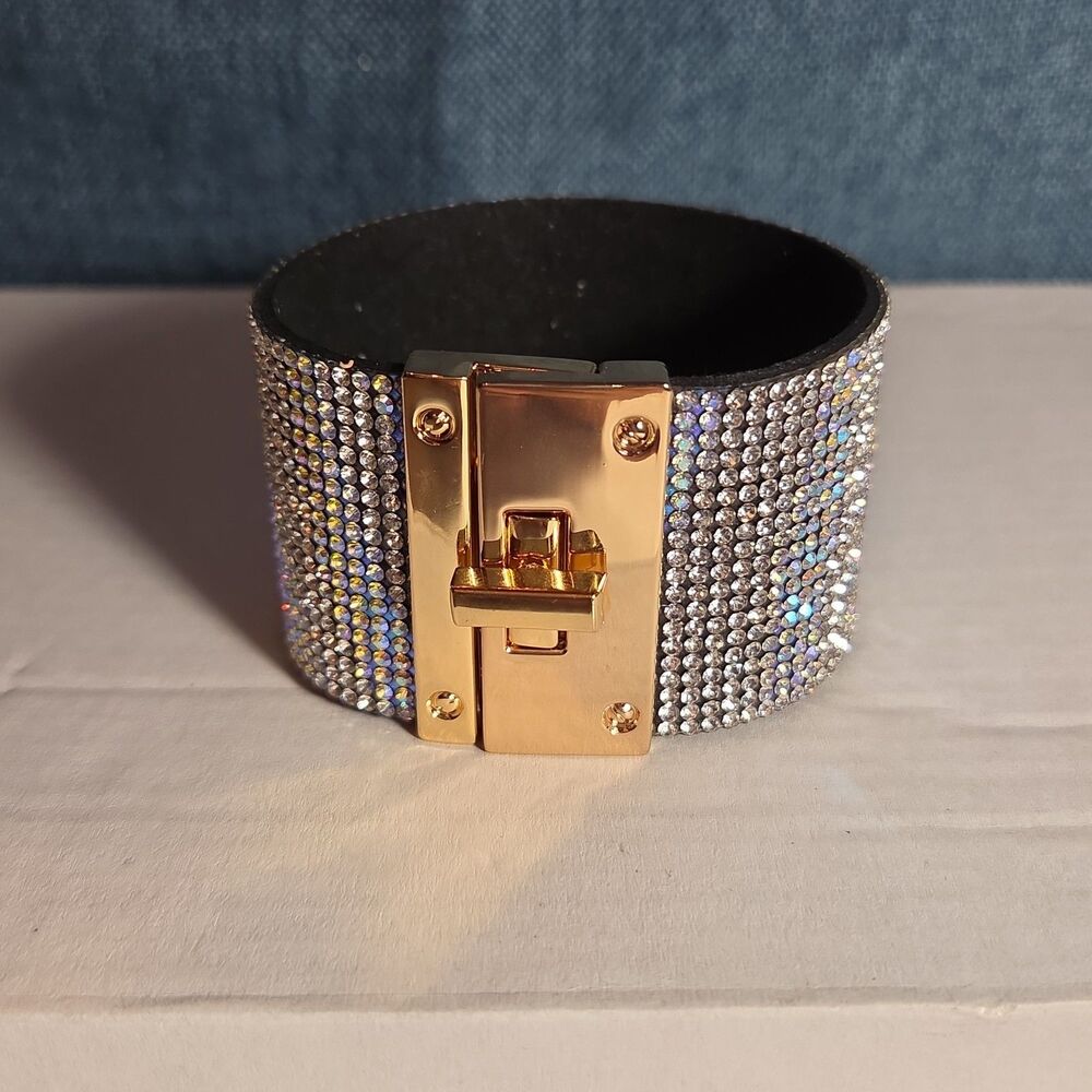 Rhinestone Wide Cuff Bracelet AB Crystal Gold Tone Y2K Glam Style NWOT - Picture 2 of 16
